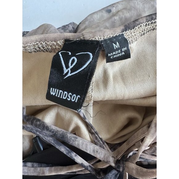 Windsor Lace-up Back Mini Dress M Taupe Abstract Ruched Side/Back 90s Y2K Party - Picture 7 of 14